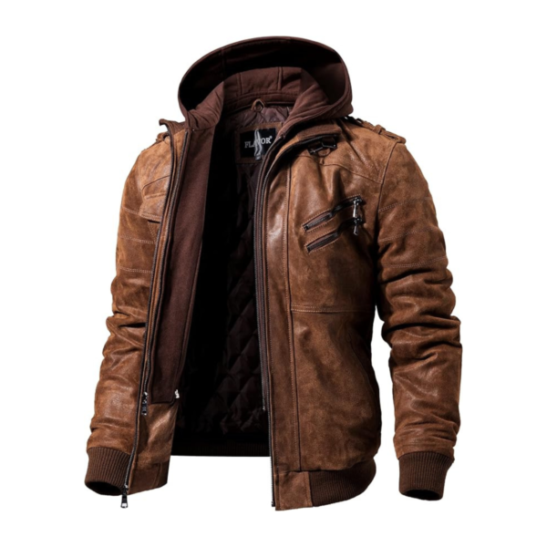 Men's Leather Jacket with Removable Hood